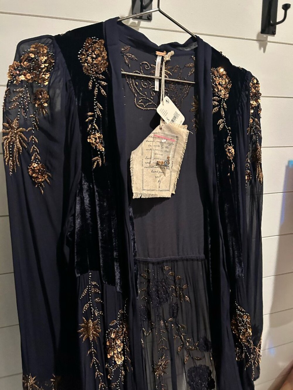 Free People Navy Beaded Sheer Maxi Kimono Duster NWT $800 Retail - Picture 2 of 6